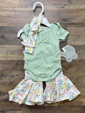 Baby Essentials 3 Piece Set Floral Flare Pants Bodysuit Headband 3M Green NEW